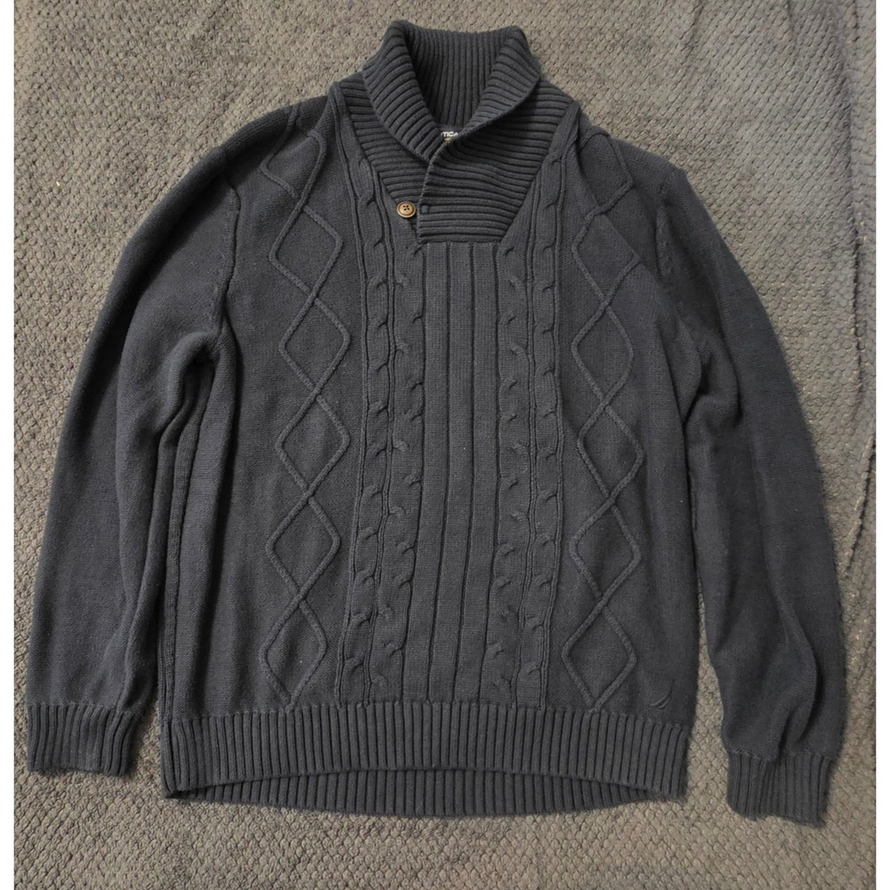 Nautica Mens XL Navy Blue Cable Knit Shawl Collar Button Sweater 100% Cotton
